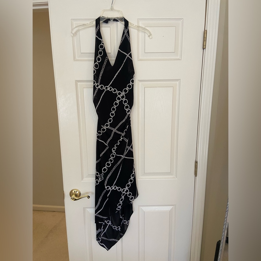 David Meister chain print dress. Size 12. rouch sides. Halter.
